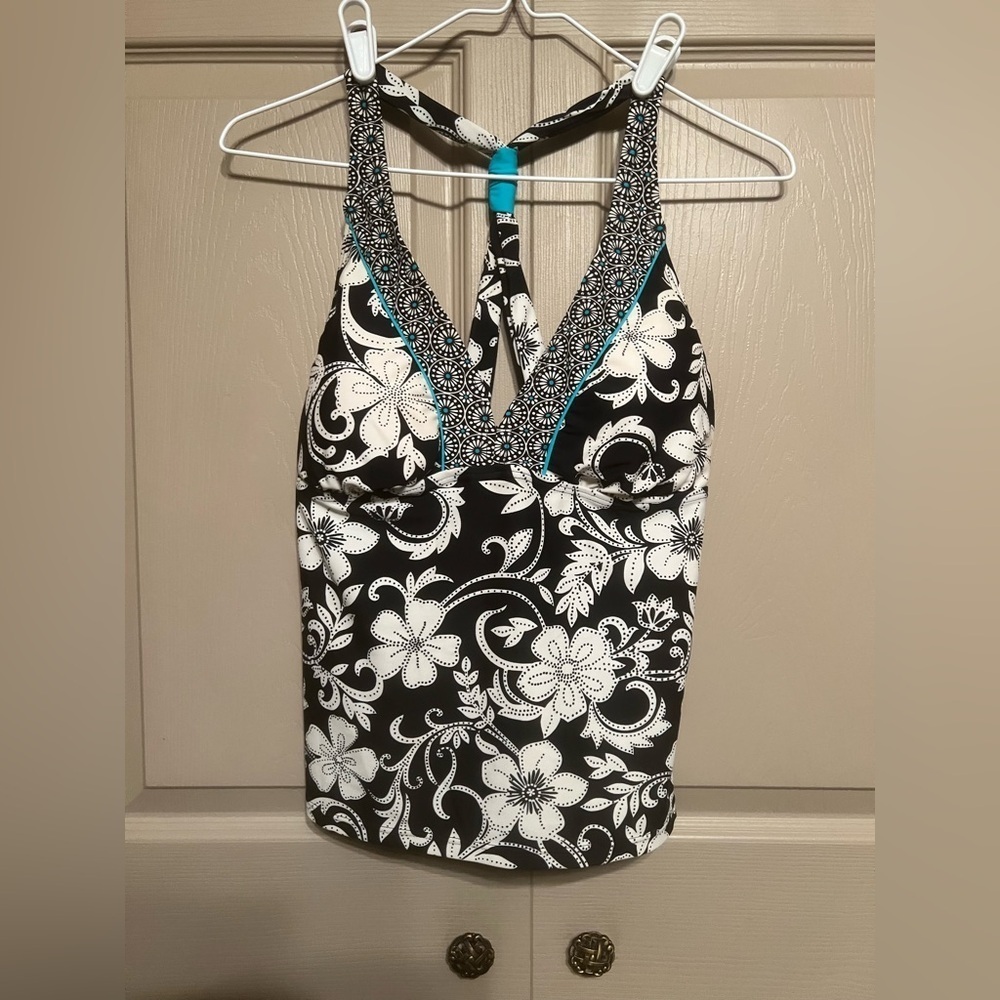 Chic Floral Swim Halter Tank Top - Black and White and turquoise accents.